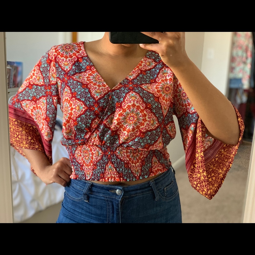 Red and yellow blouse with sleeves